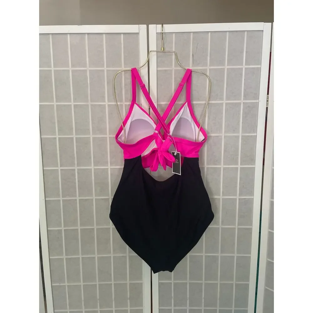 Eomenie NEW One Piece XL Swimsuit Tummy Control Cutout Wrap Tie Back Neon Retro - Picture 3 of 5